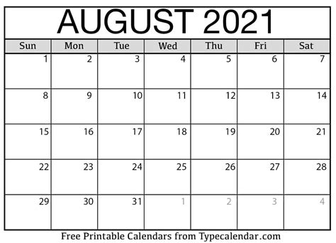 August Calendar 2021 Printable